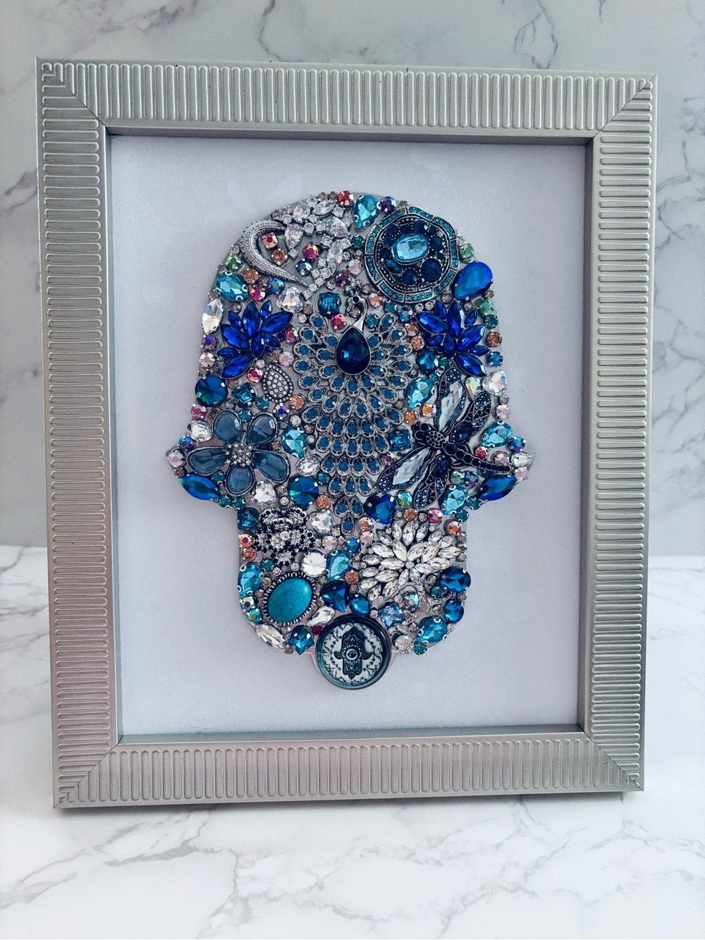 Blue Jeweled 8x10 Hamsa Mixed Media Wall Art - Framed